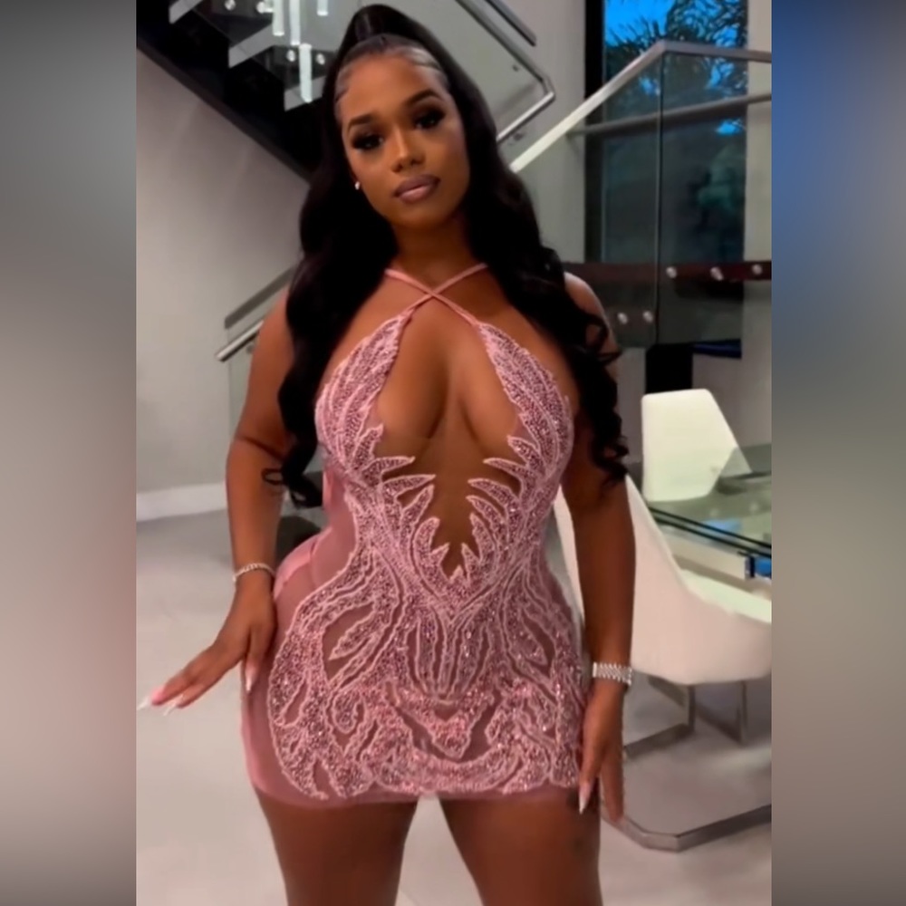 Cute Pink Sheer Mesh Backless Dress